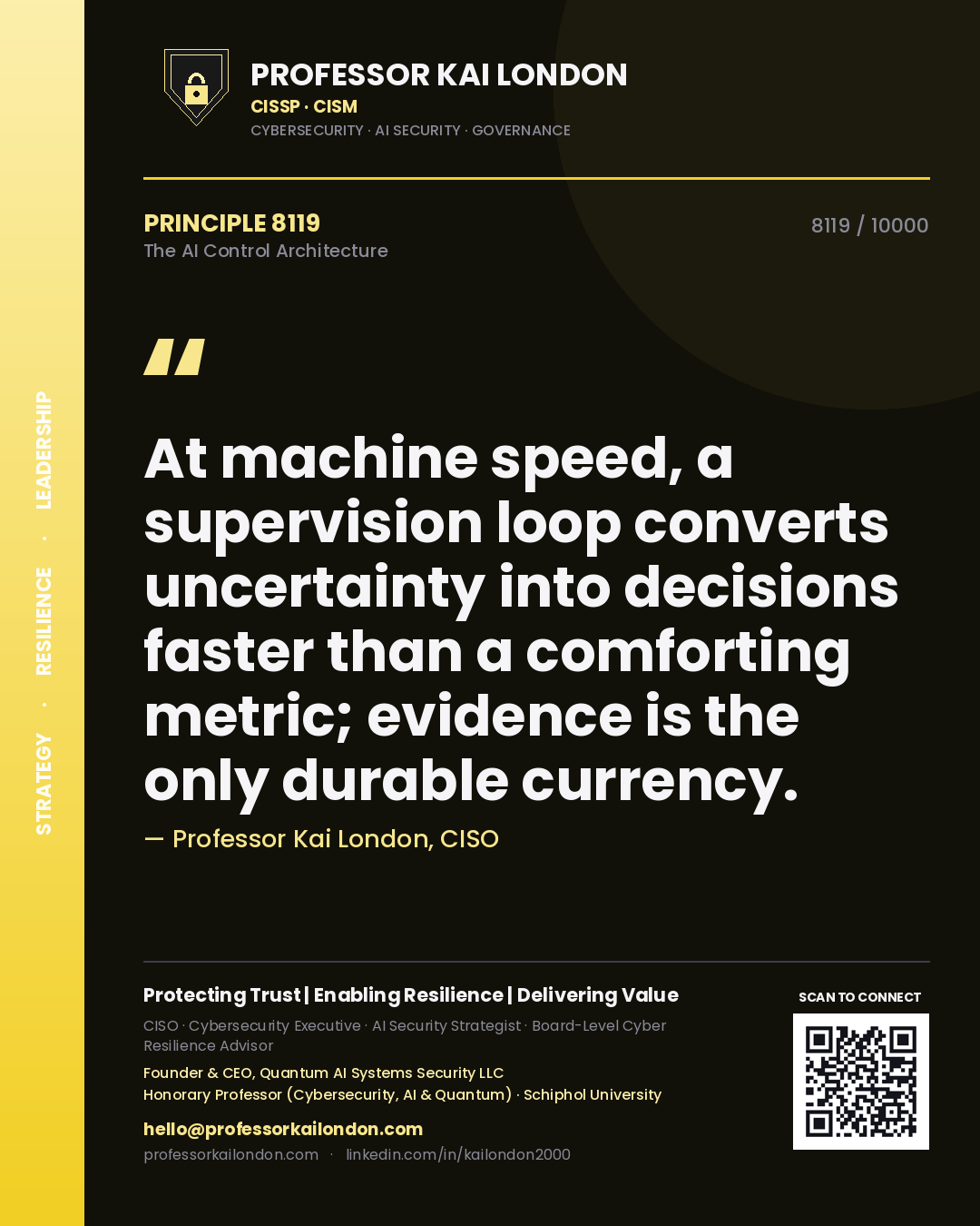 Quote card by Professor Kai London reading 'At machine speed, a supervision loop converts uncertainty into decisions faster than a comforting metric; evidence is the only durable currency.'. From the book The AI Control Architecture.