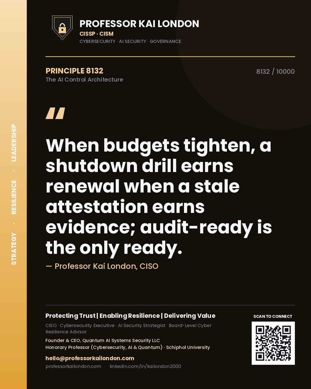 Quote card by Professor Kai London reading 'When budgets tighten, a shutdown drill earns renewal when a stale attestation earns evidence; audit-ready is the only ready.'. From the book The AI Control Architecture.