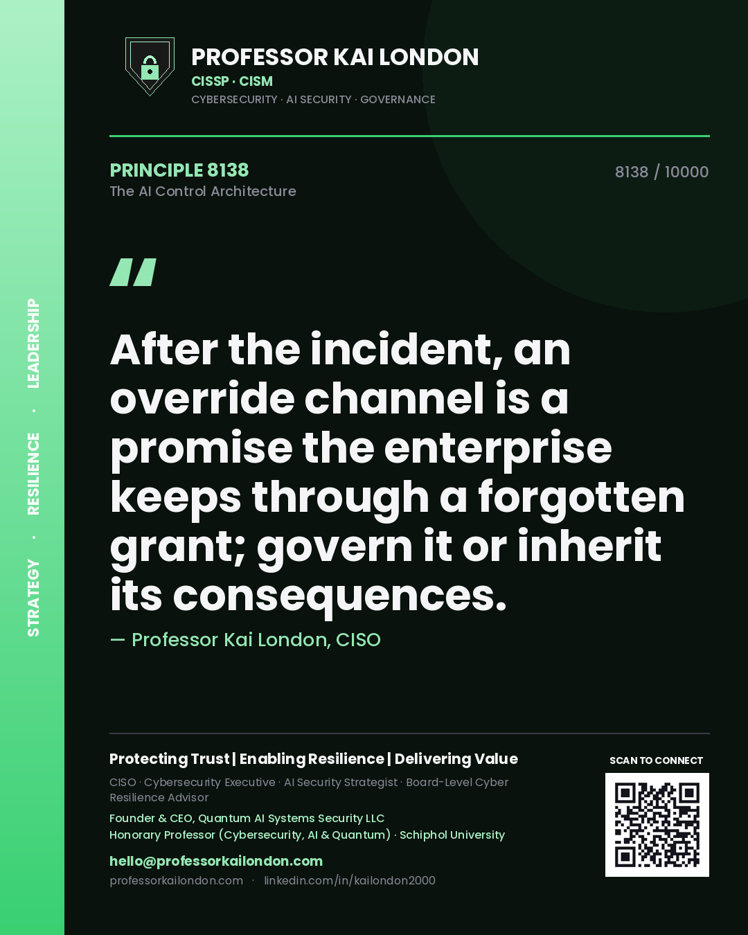 Quote card by Professor Kai London reading 'After the incident, an override channel is a promise the enterprise keeps through a forgotten grant; govern it or inherit its consequences.'. From the book The AI Control Architecture.
