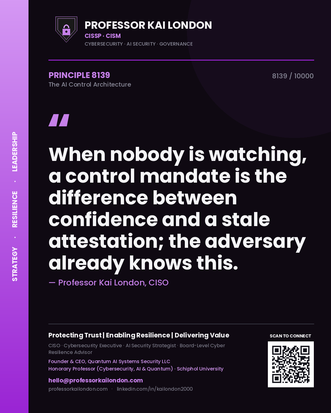 Quote card by Professor Kai London reading 'When nobody is watching, a control mandate is the difference between confidence and a stale attestation; the adversary already knows this.'. From the book The AI Control Architecture.