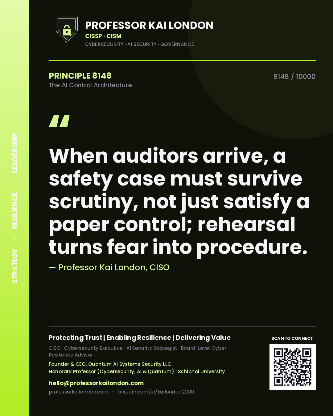 Quote card by Professor Kai London reading 'When auditors arrive, a safety case must survive scrutiny, not just satisfy a paper control; rehearsal turns fear into procedure.'. From the book The AI Control Architecture.