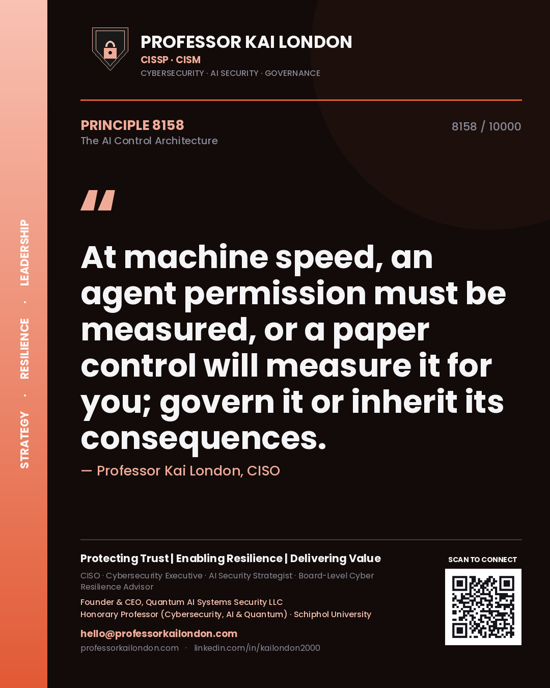 Professor Kai London principle 8158: At machine speed, an agent permission must be measured, or a paper control will measure it for you; govern it or inherit its consequences.