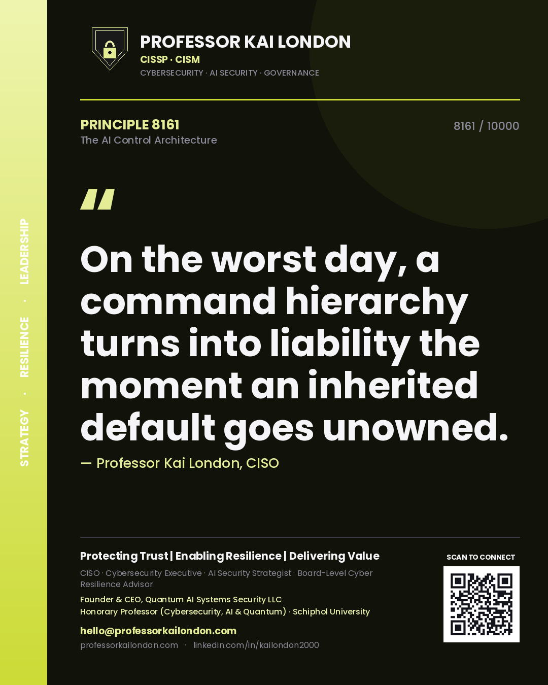 Quote card by Professor Kai London reading 'On the worst day, a command hierarchy turns into liability the moment an inherited default goes unowned.'. From the book The AI Control Architecture.