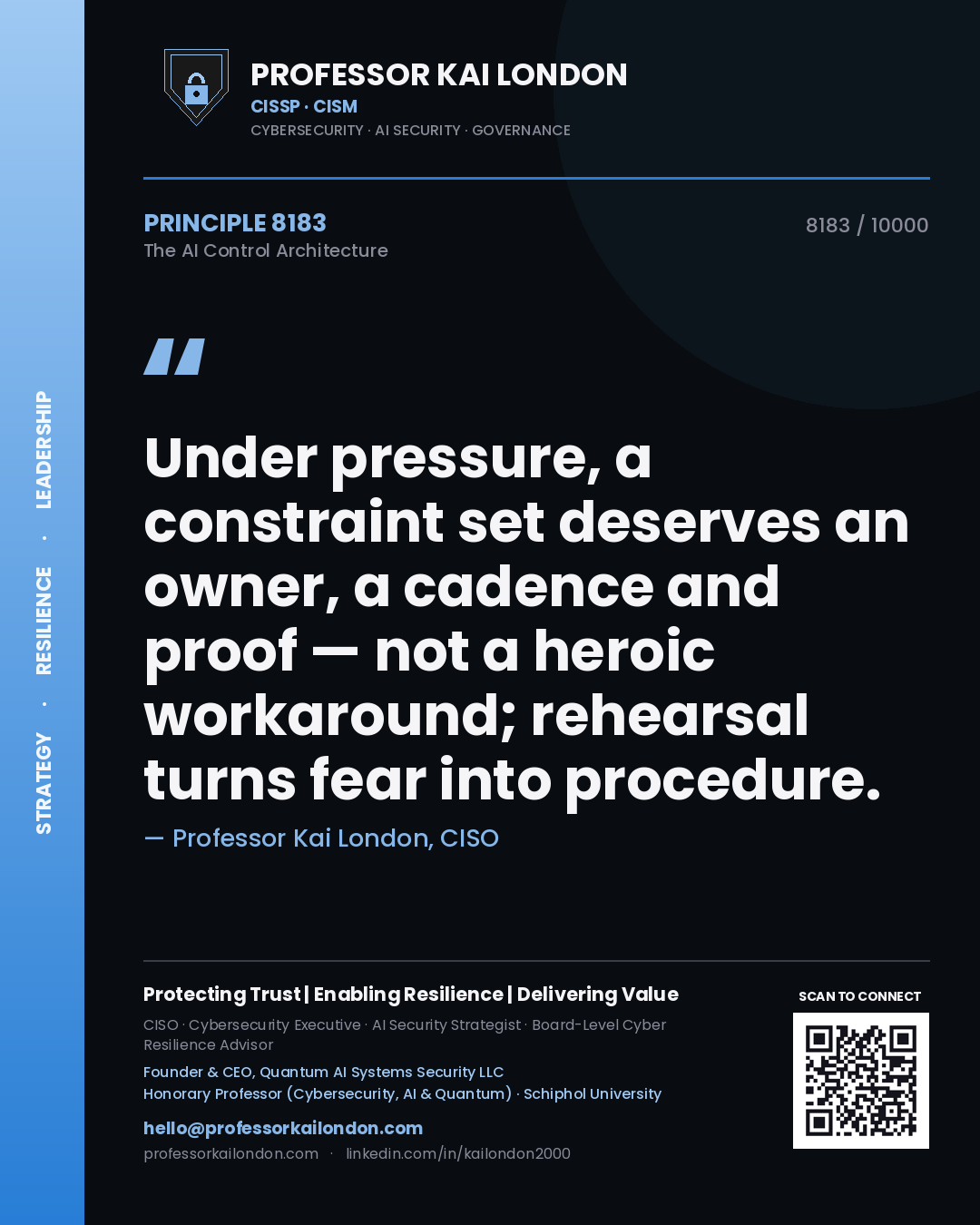 Quote card by Professor Kai London reading 'Under pressure, a constraint set deserves an owner, a cadence and proof — not a heroic workaround; rehearsal turns fear into procedure.'. From the book The AI Control Architecture.