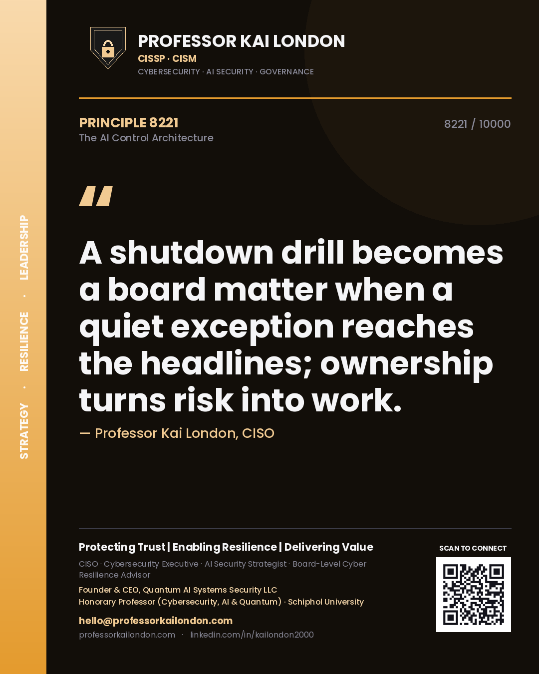 Quote card by Professor Kai London reading 'A shutdown drill becomes a board matter when a quiet exception reaches the headlines; ownership turns risk into work.'. From the book The AI Control Architecture.