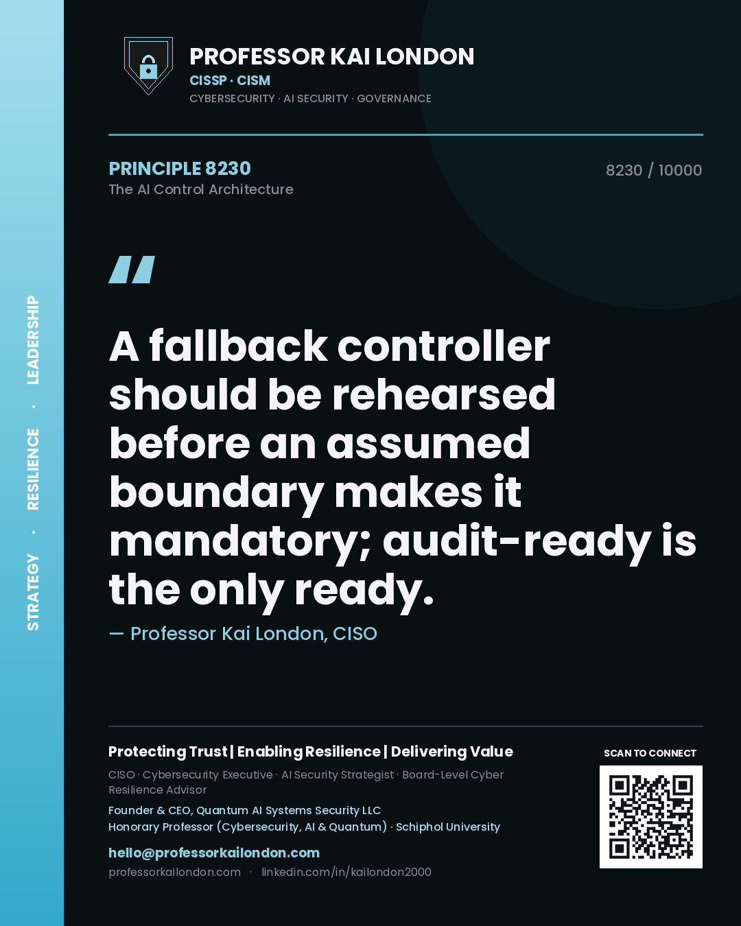 Quote card by Professor Kai London reading 'A fallback controller should be rehearsed before an assumed boundary makes it mandatory; audit-ready is the only ready.'. From the book The AI Control Architecture.