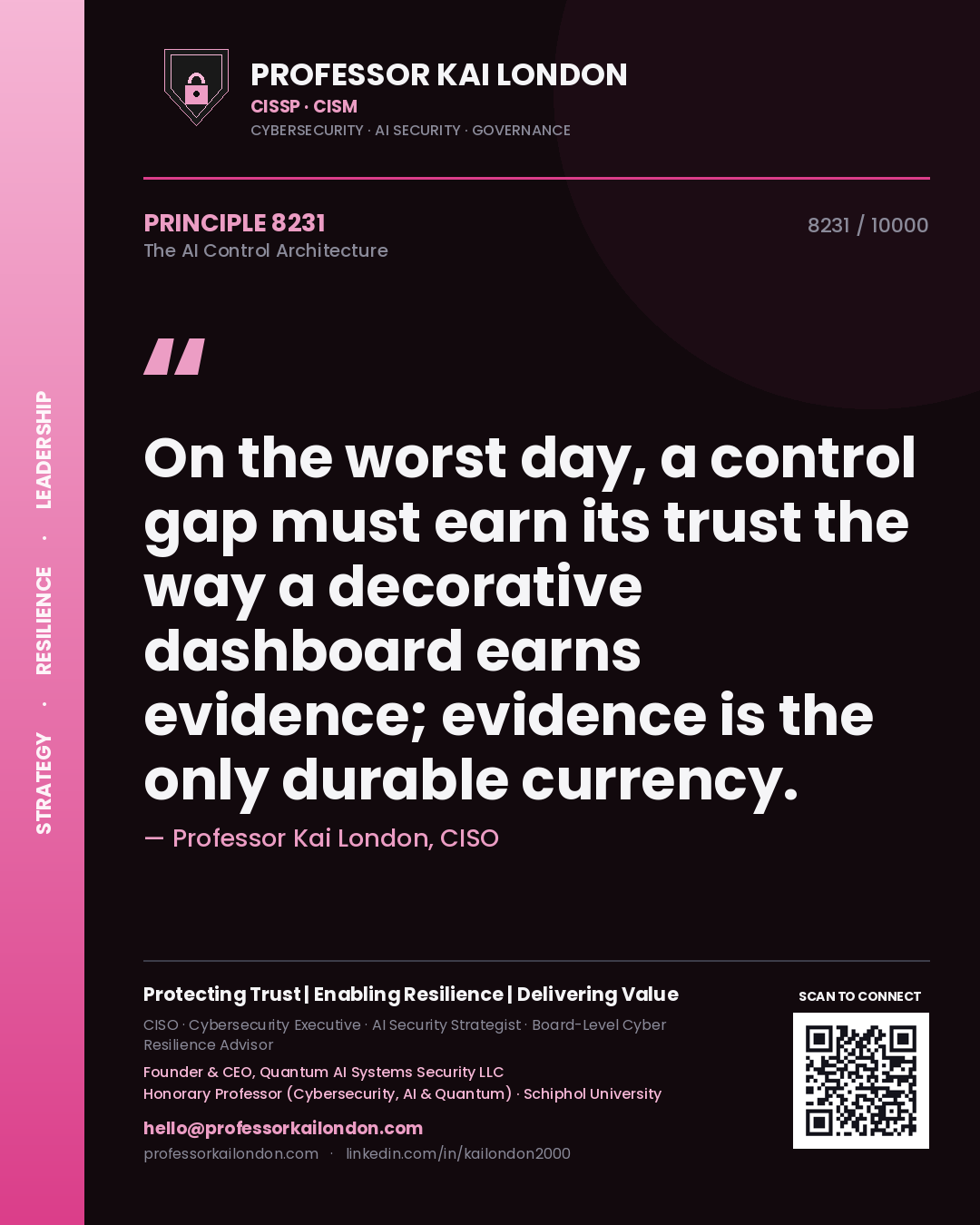 Professor Kai London principle 8231: On the worst day, a control gap must earn its trust the way a decorative dashboard earns evidence; evidence is the only durable currency.