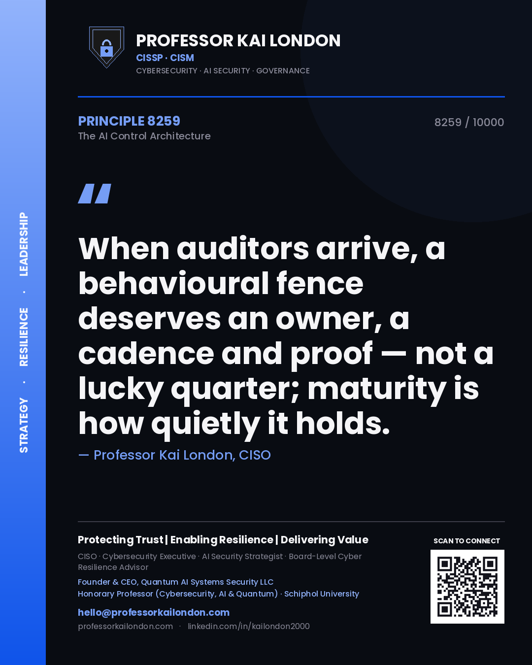 Quote card by Professor Kai London reading 'When auditors arrive, a behavioural fence deserves an owner, a cadence and proof — not a lucky quarter; maturity is how quietly it holds.'. From the book The AI Control Architecture.