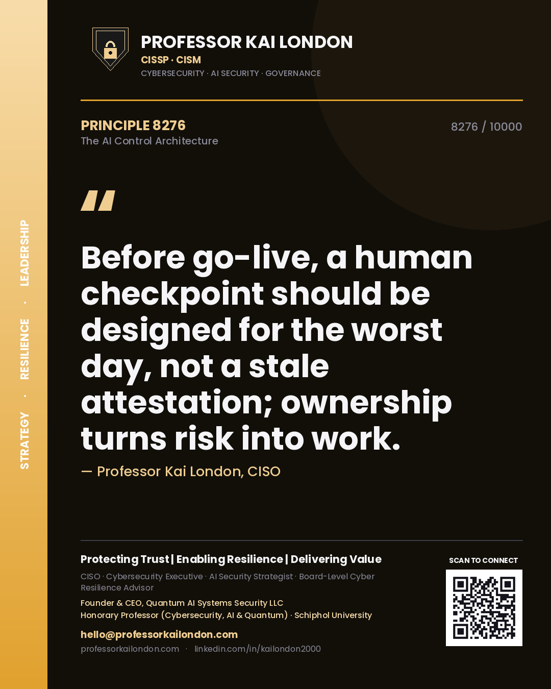 Professor Kai London principle 8276: Before go-live, a human checkpoint should be designed for the worst day, not a stale attestation; ownership turns risk into work.