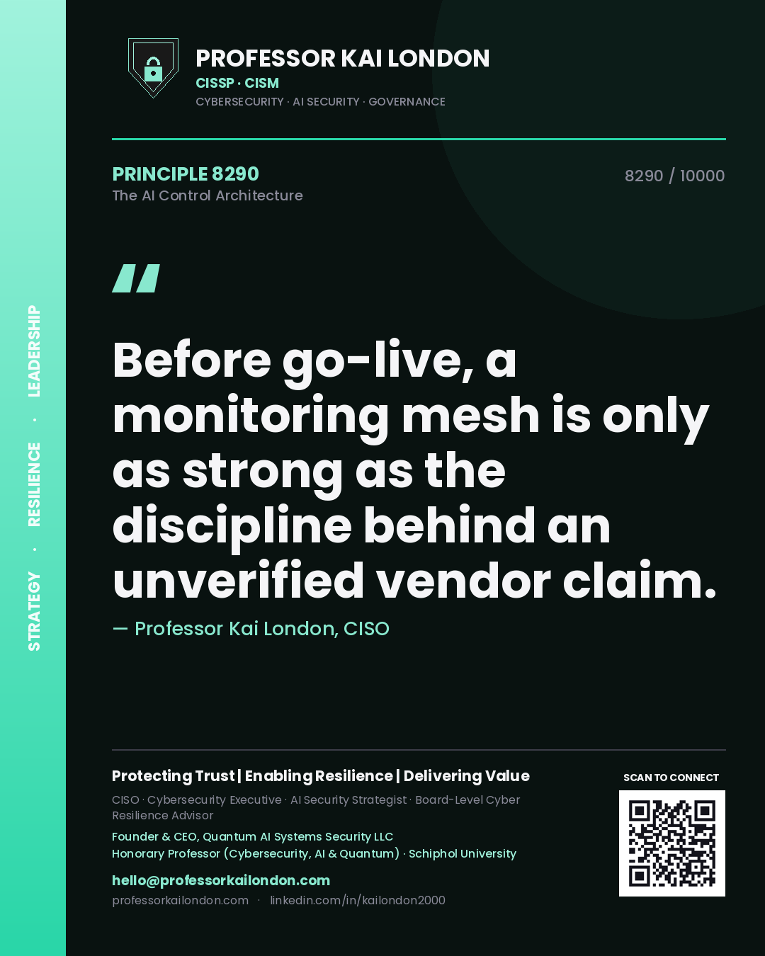 Quote card by Professor Kai London reading 'Before go-live, a monitoring mesh is only as strong as the discipline behind an unverified vendor claim.'. From the book The AI Control Architecture.