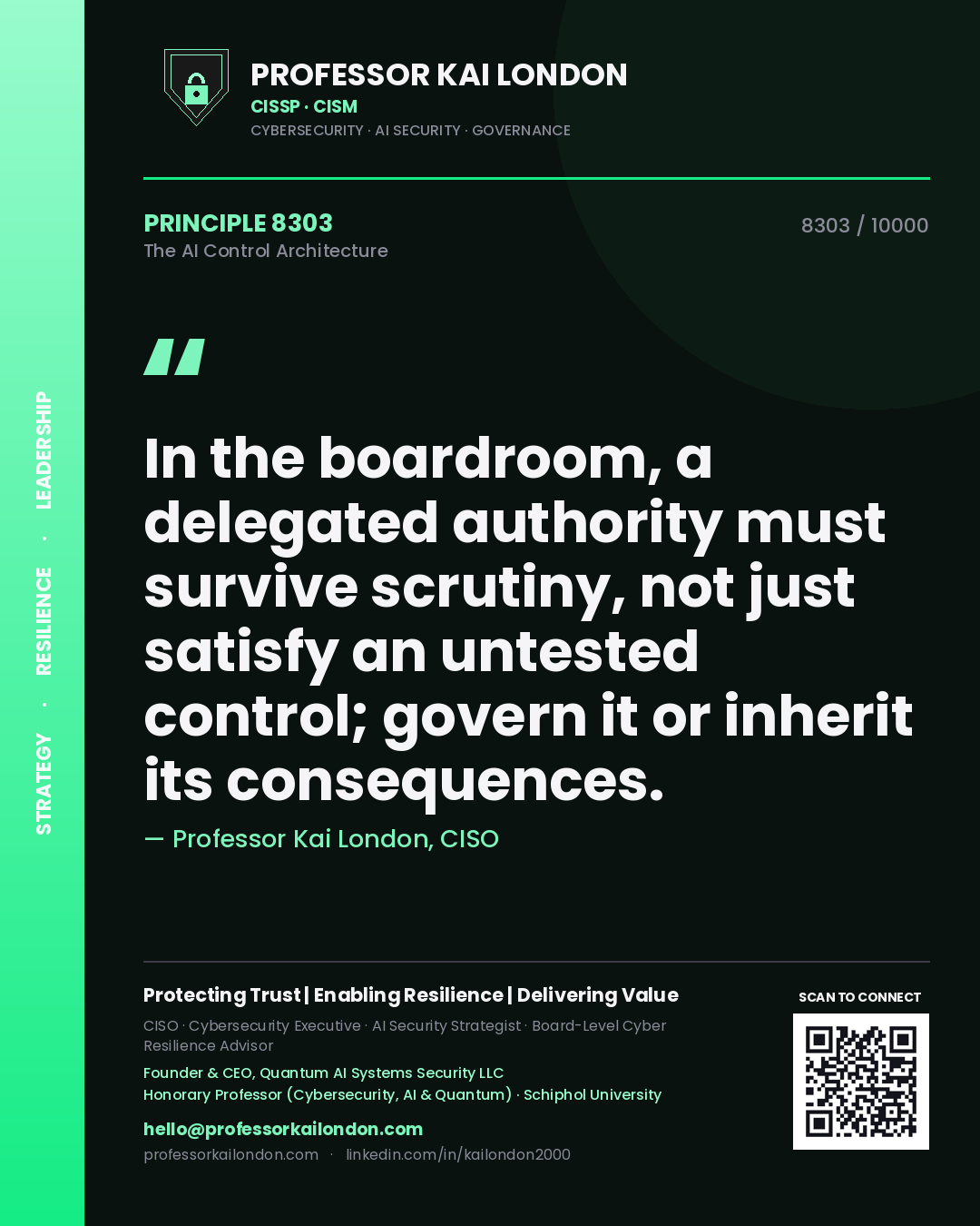 Quote card by Professor Kai London reading 'In the boardroom, a delegated authority must survive scrutiny, not just satisfy an untested control; govern it or inherit its consequences.'. From the book The AI Control Architecture.