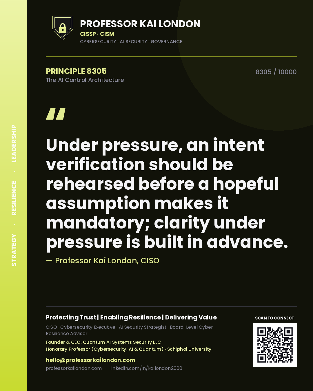 Quote card by Professor Kai London reading 'Under pressure, an intent verification should be rehearsed before a hopeful assumption makes it mandatory; clarity under pressure is built in advance.'. From the book The AI Control Architecture.