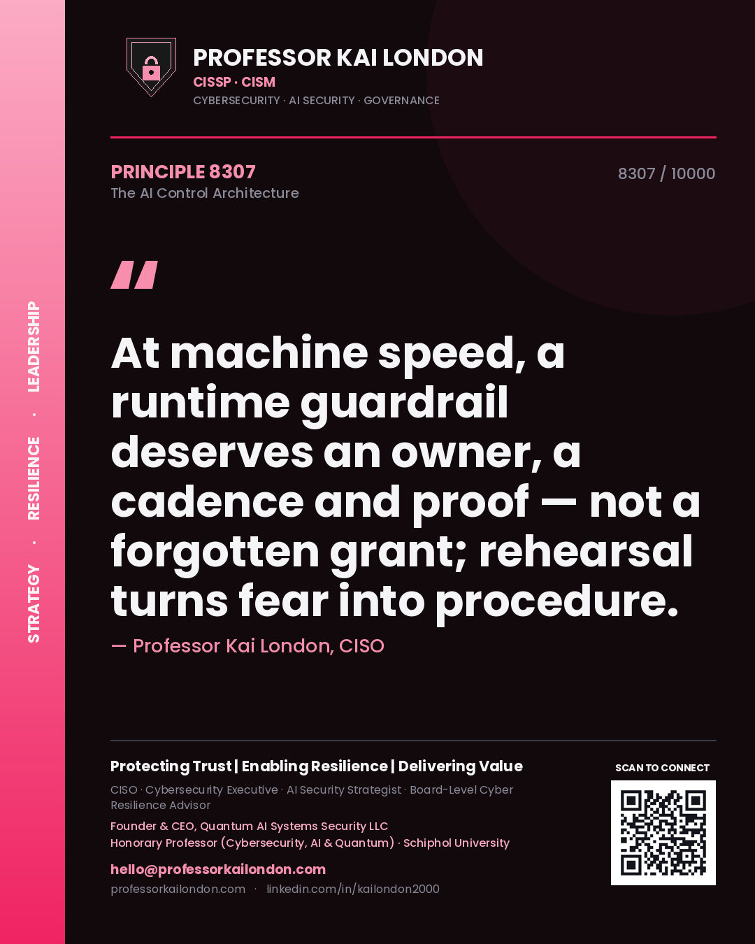 Quote card by Professor Kai London reading 'At machine speed, a runtime guardrail deserves an owner, a cadence and proof — not a forgotten grant; rehearsal turns fear into procedure.'. From the book The AI Control Architecture.