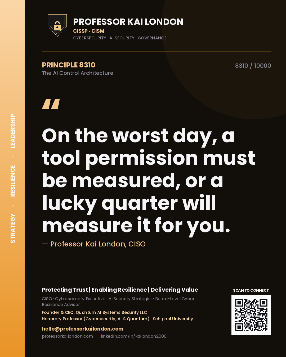Quote card by Professor Kai London reading 'On the worst day, a tool permission must be measured, or a lucky quarter will measure it for you.'. From the book The AI Control Architecture.