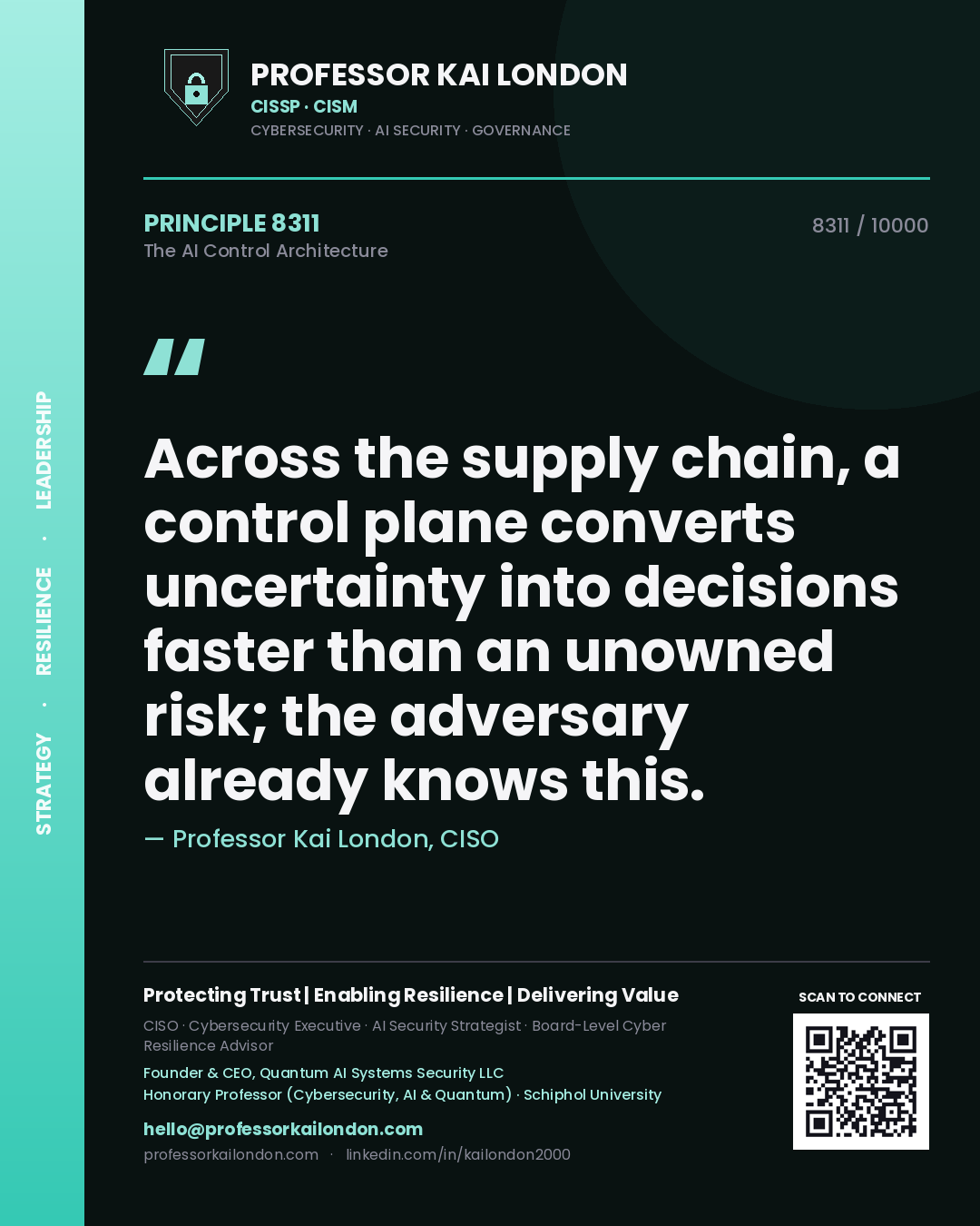 Quote card by Professor Kai London reading 'Across the supply chain, a control plane converts uncertainty into decisions faster than an unowned risk; the adversary already knows this.'. From the book The AI Control Architecture.