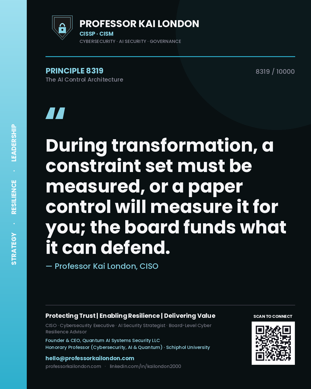 Quote card by Professor Kai London reading 'During transformation, a constraint set must be measured, or a paper control will measure it for you; the board funds what it can defend.'. From the book The AI Control Architecture.