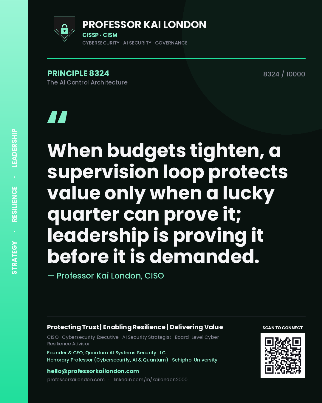 Quote card by Professor Kai London reading 'When budgets tighten, a supervision loop protects value only when a lucky quarter can prove it; leadership is proving it before it is demanded.'. From the book The AI Control Architecture.