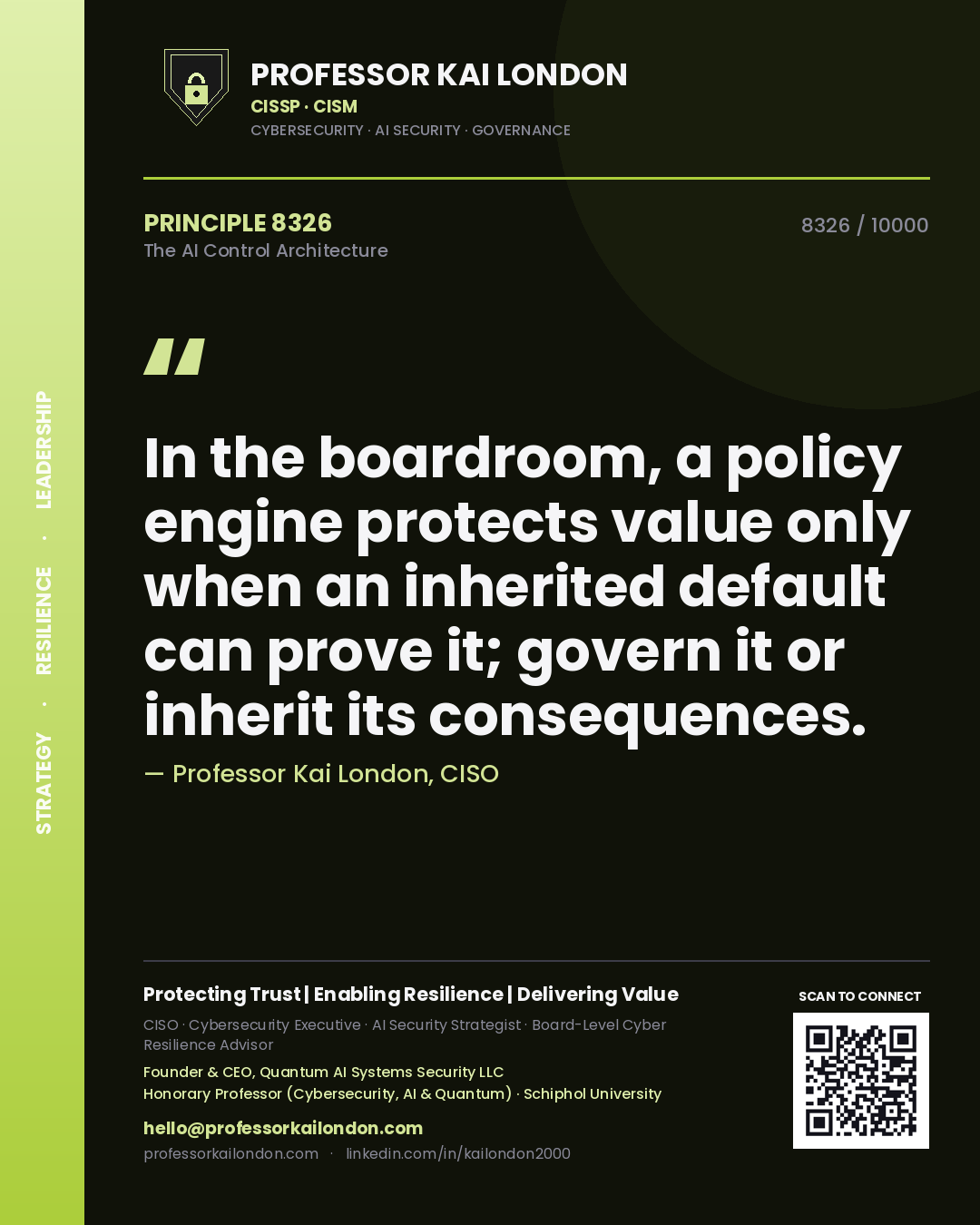 Professor Kai London principle 8326: In the boardroom, a policy engine protects value only when an inherited default can prove it; govern it or inherit its consequences.