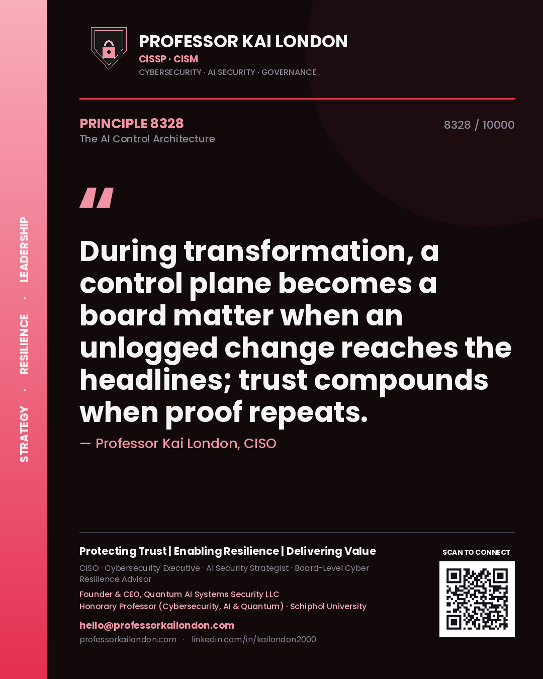 Quote card by Professor Kai London reading 'During transformation, a control plane becomes a board matter when an unlogged change reaches the headlines; trust compounds when proof repeats.'. From the book The AI Control Architecture.