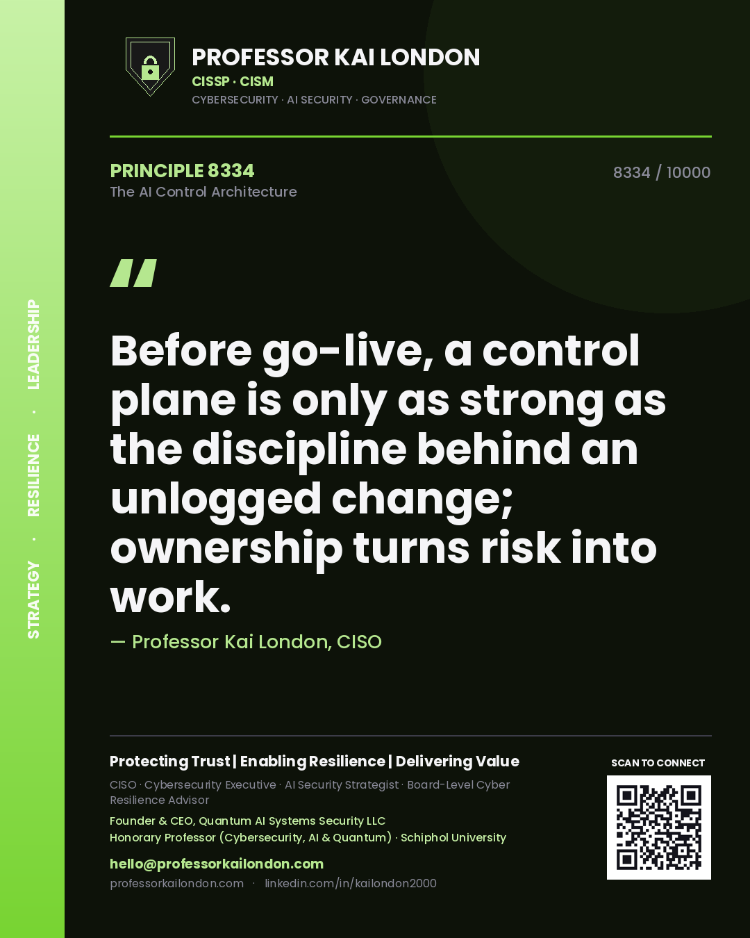 Quote card by Professor Kai London reading 'Before go-live, a control plane is only as strong as the discipline behind an unlogged change; ownership turns risk into work.'. From the book The AI Control Architecture.