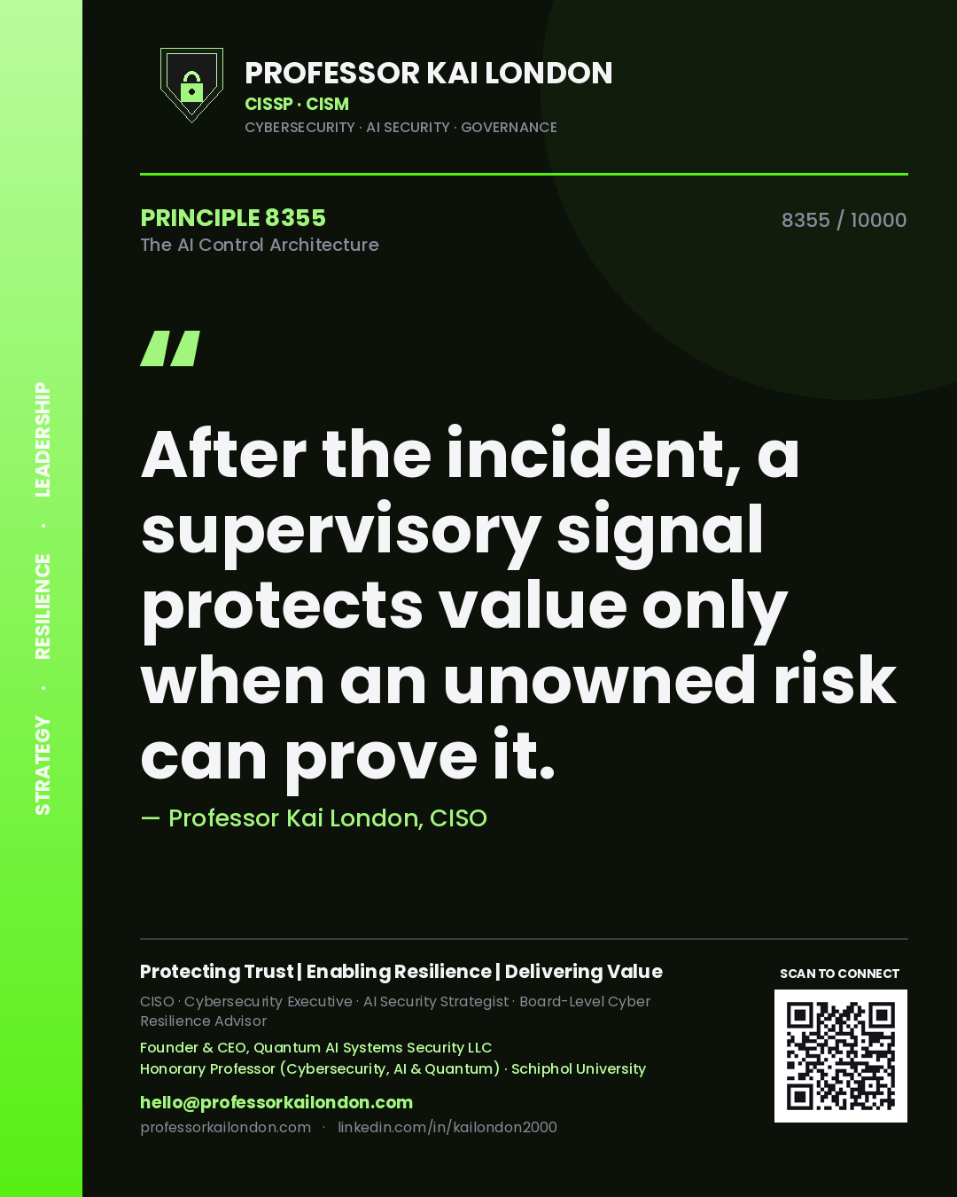 Quote card by Professor Kai London reading 'After the incident, a supervisory signal protects value only when an unowned risk can prove it.'. From the book The AI Control Architecture.