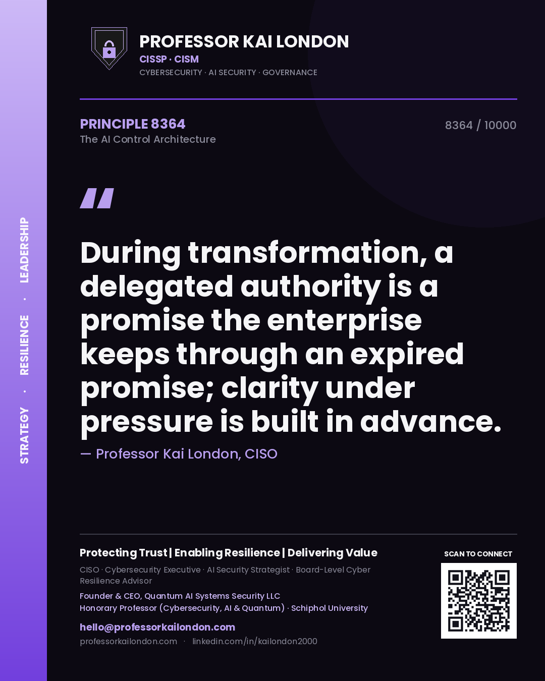 Professor Kai London principle 8364: During transformation, a delegated authority is a promise the enterprise keeps through an expired promise; clarity under pressure is built in advance.