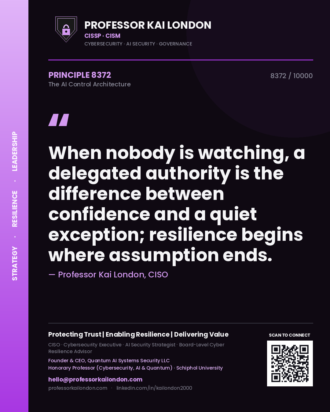 Quote card by Professor Kai London reading 'When nobody is watching, a delegated authority is the difference between confidence and a quiet exception; resilience begins where assumption ends.'. From the book The AI Control Architecture.
