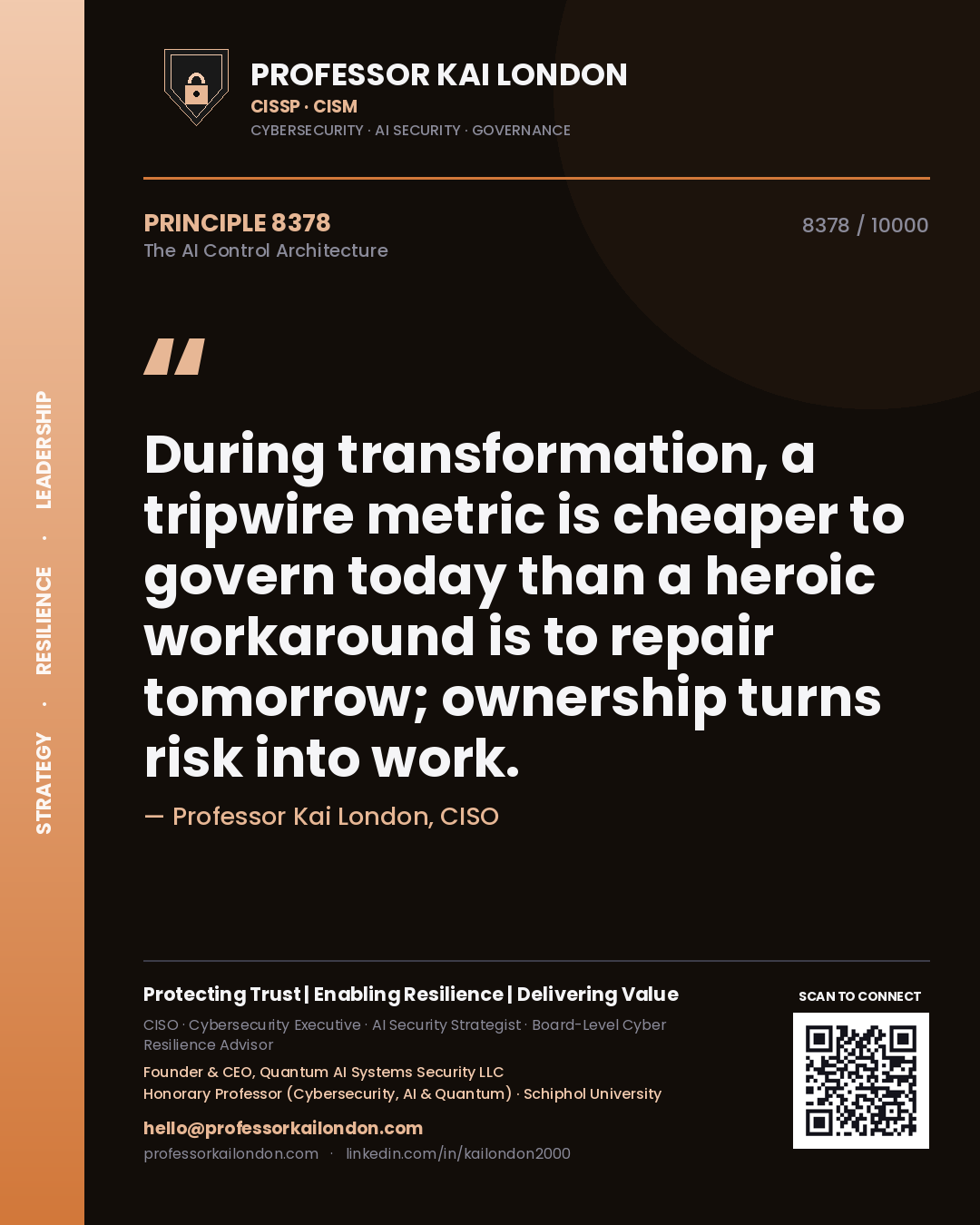 Quote card by Professor Kai London reading 'During transformation, a tripwire metric is cheaper to govern today than a heroic workaround is to repair tomorrow; ownership turns risk into work.'. From the book The AI Control Architecture.