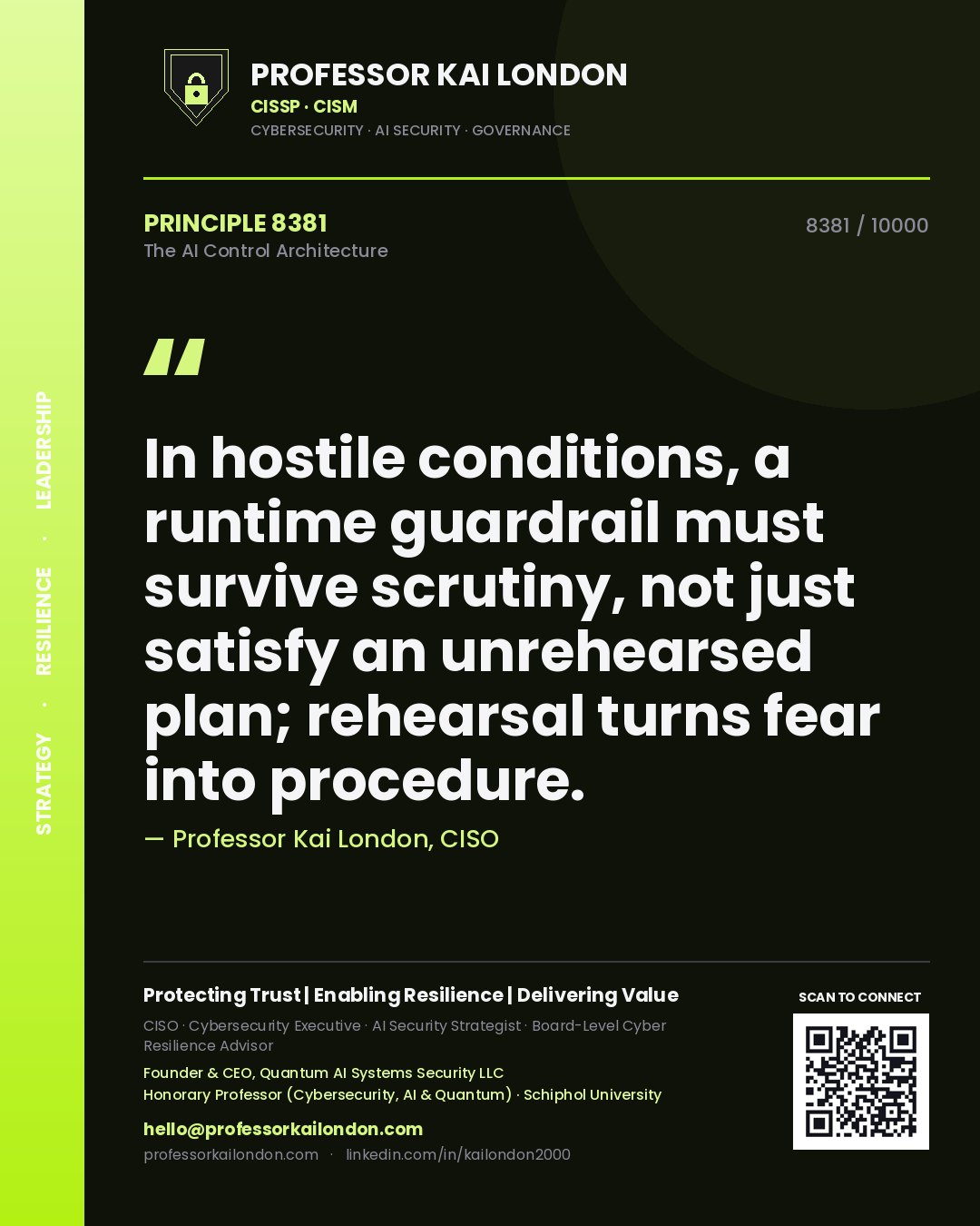Quote card by Professor Kai London reading 'In hostile conditions, a runtime guardrail must survive scrutiny, not just satisfy an unrehearsed plan; rehearsal turns fear into procedure.'. From the book The AI Control Architecture.
