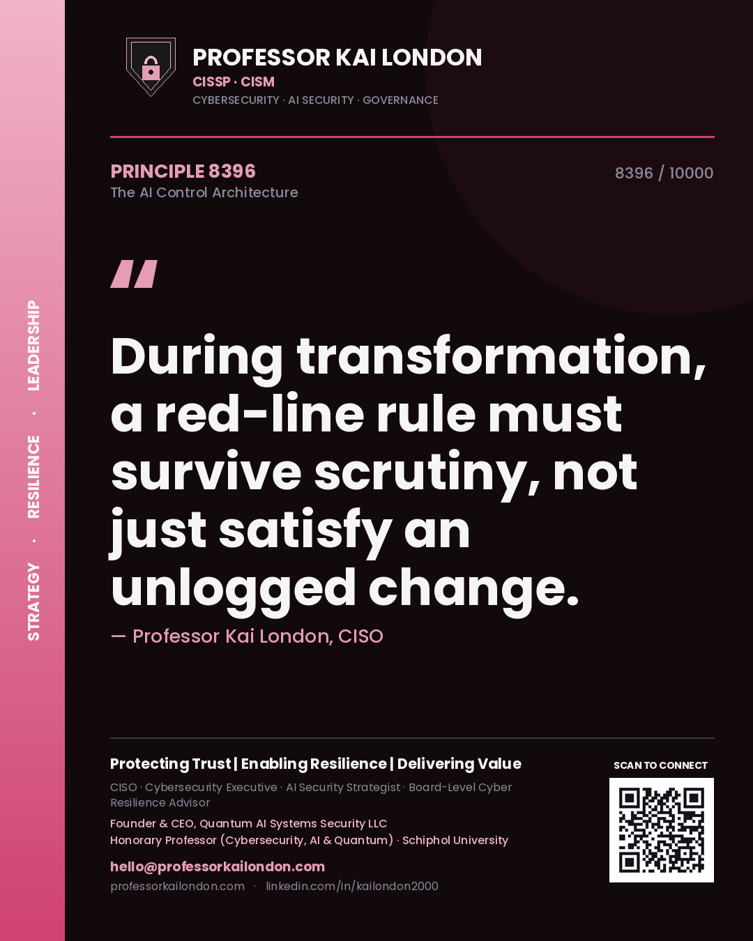 Quote card by Professor Kai London reading 'During transformation, a red-line rule must survive scrutiny, not just satisfy an unlogged change.'. From the book The AI Control Architecture.