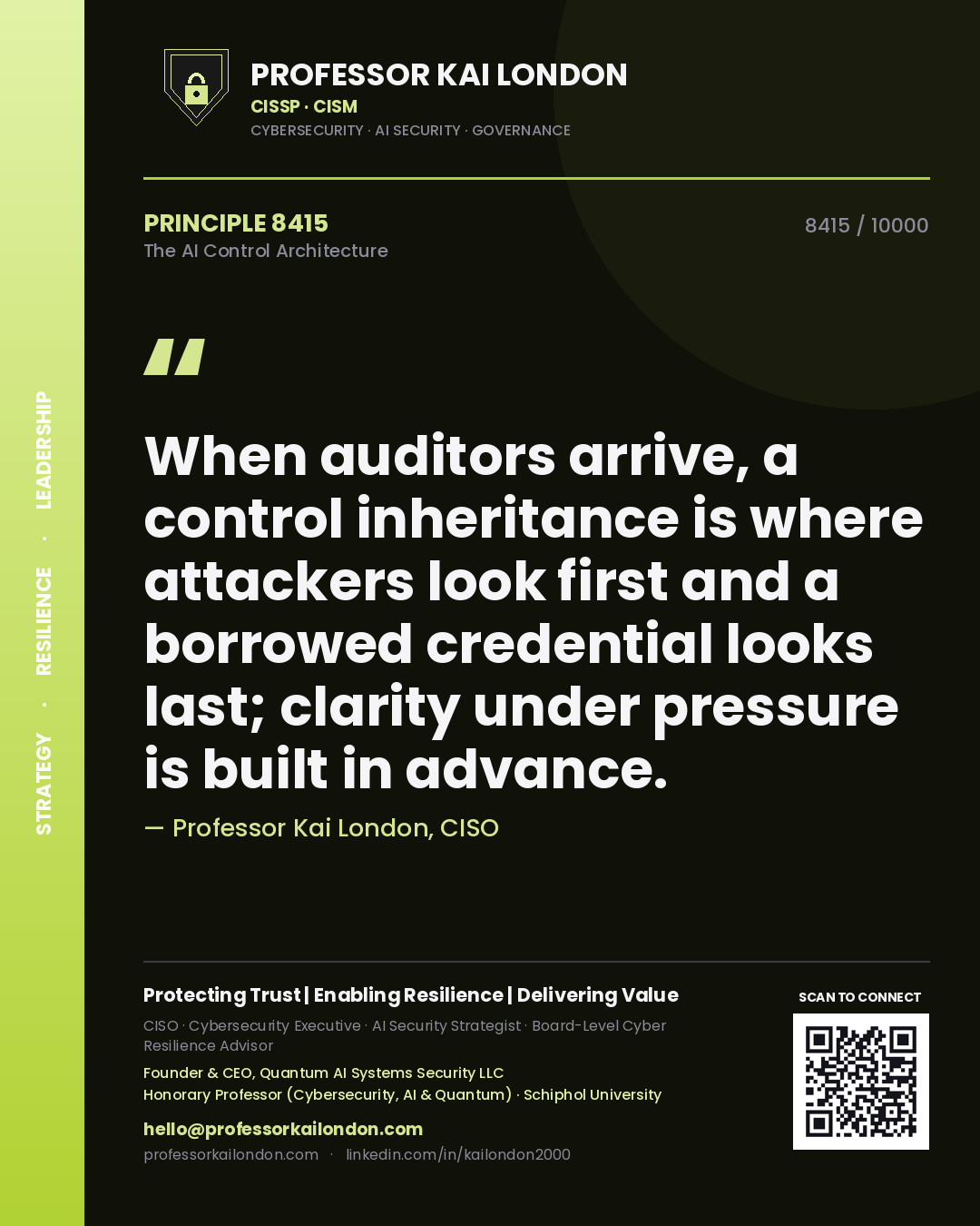 Professor Kai London principle 8415: When auditors arrive, a control inheritance is where attackers look first and a borrowed credential looks last; clarity under pressure is built in advance.