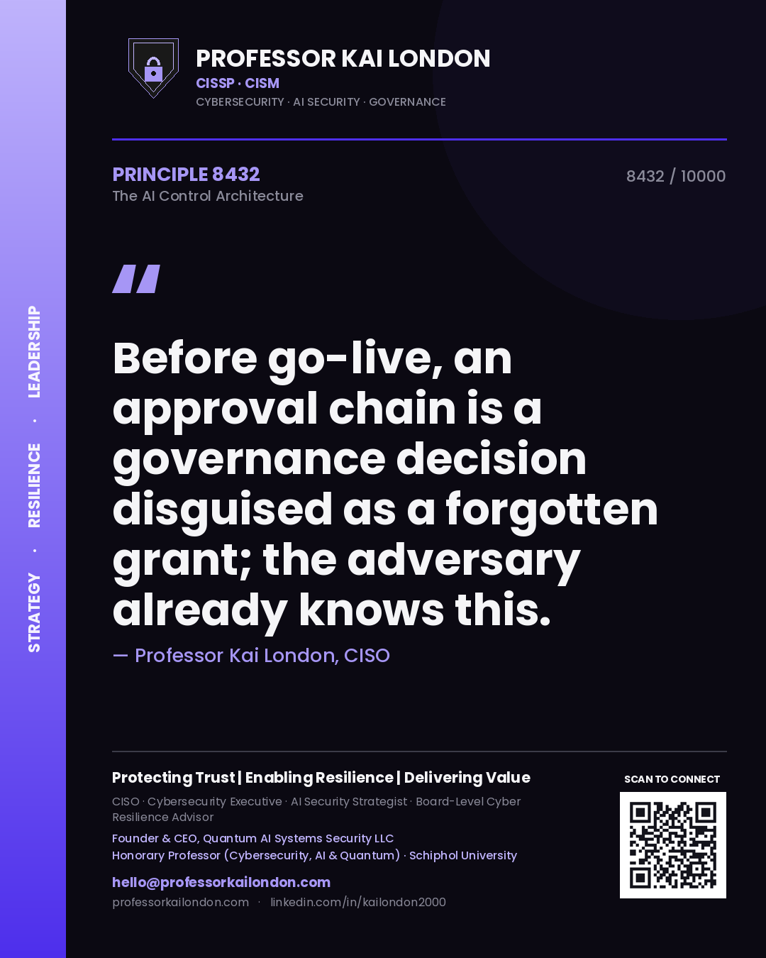 Quote card by Professor Kai London reading 'Before go-live, an approval chain is a governance decision disguised as a forgotten grant; the adversary already knows this.'. From the book The AI Control Architecture.