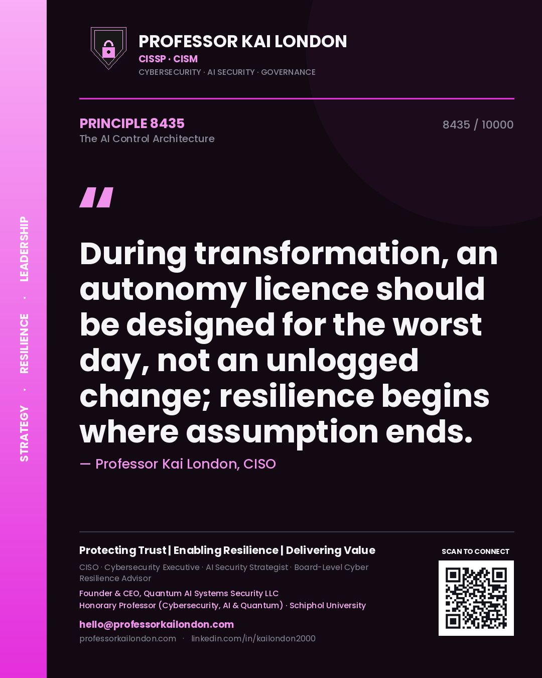 Professor Kai London principle 8435: During transformation, an autonomy licence should be designed for the worst day, not an unlogged change; resilience begins where assumption ends.