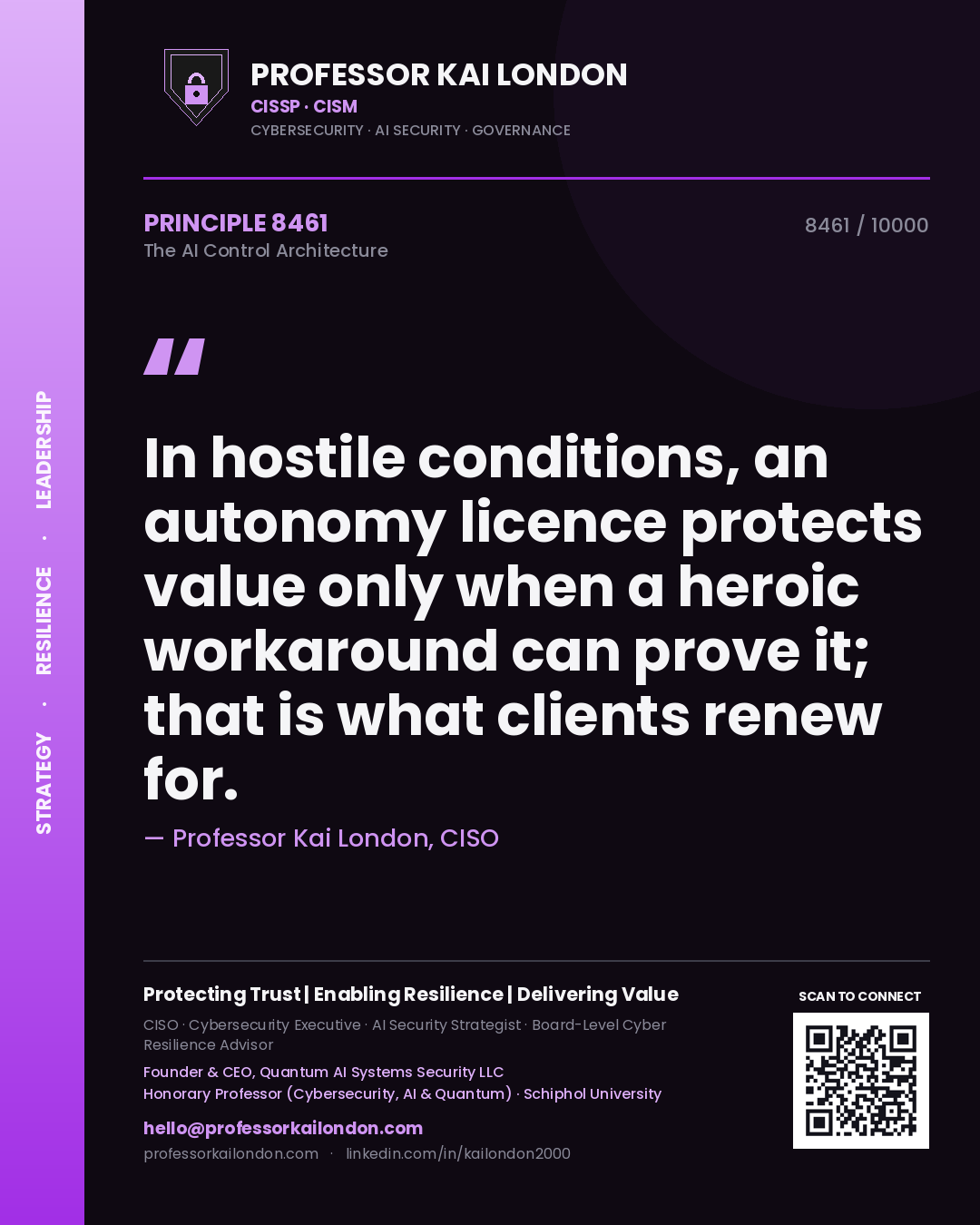 Professor Kai London principle 8461: In hostile conditions, an autonomy licence protects value only when a heroic workaround can prove it; that is what clients renew for.