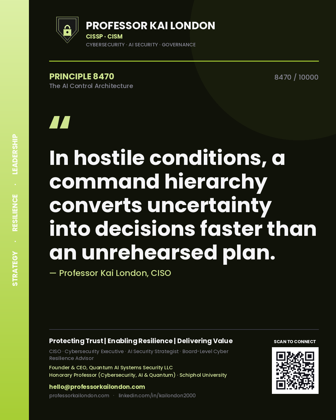 Professor Kai London principle 8470: In hostile conditions, a command hierarchy converts uncertainty into decisions faster than an unrehearsed plan.
