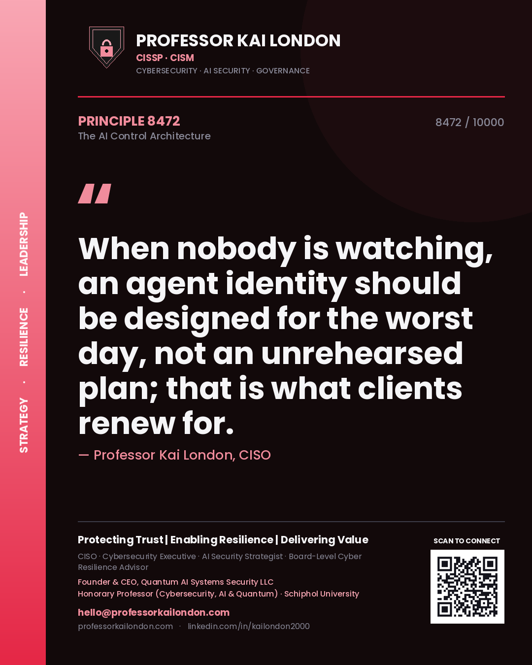Professor Kai London principle 8472: When nobody is watching, an agent identity should be designed for the worst day, not an unrehearsed plan; that is what clients renew for.