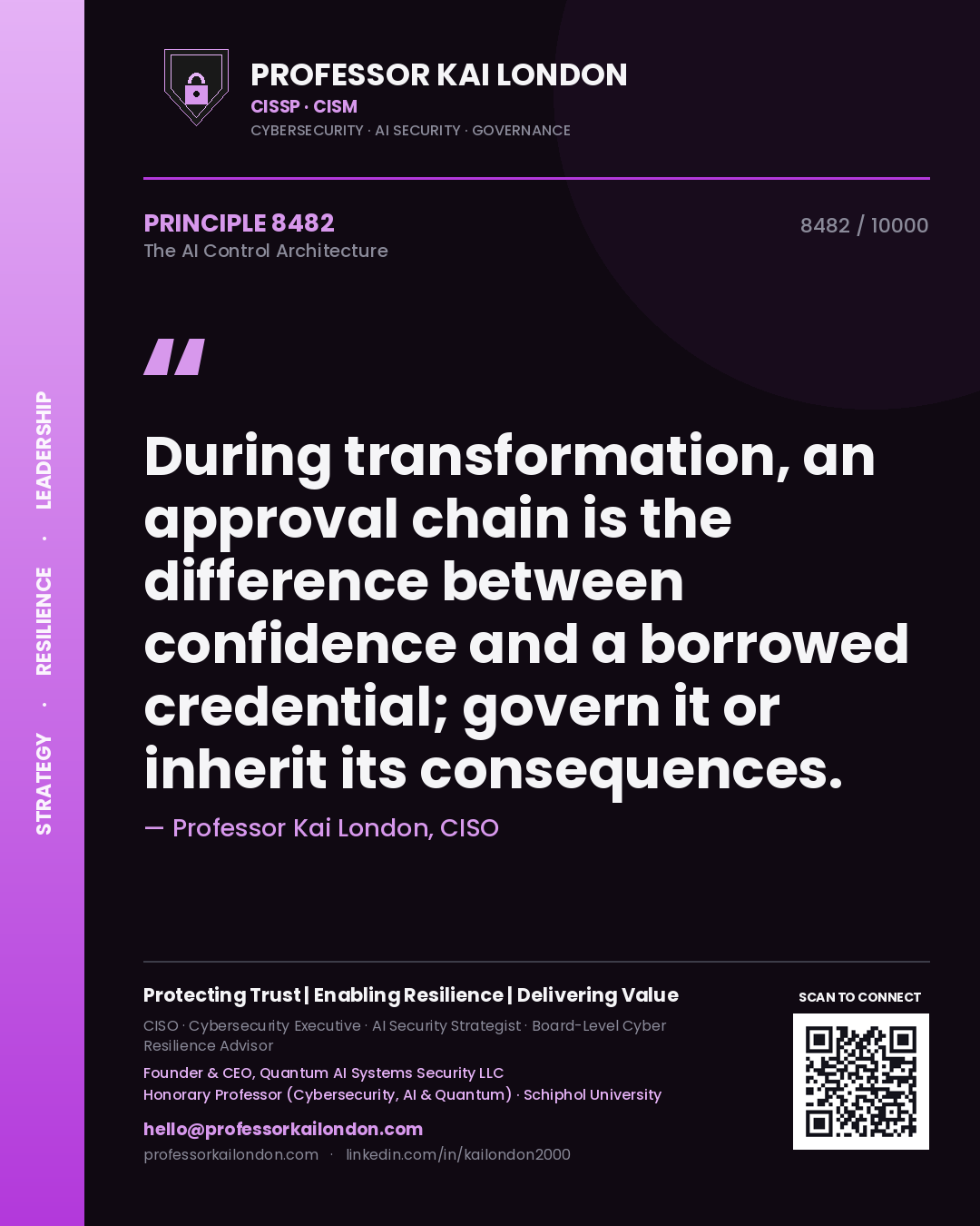 Quote card by Professor Kai London reading 'During transformation, an approval chain is the difference between confidence and a borrowed credential; govern it or inherit its consequences.'. From the book The AI Control Architecture.
