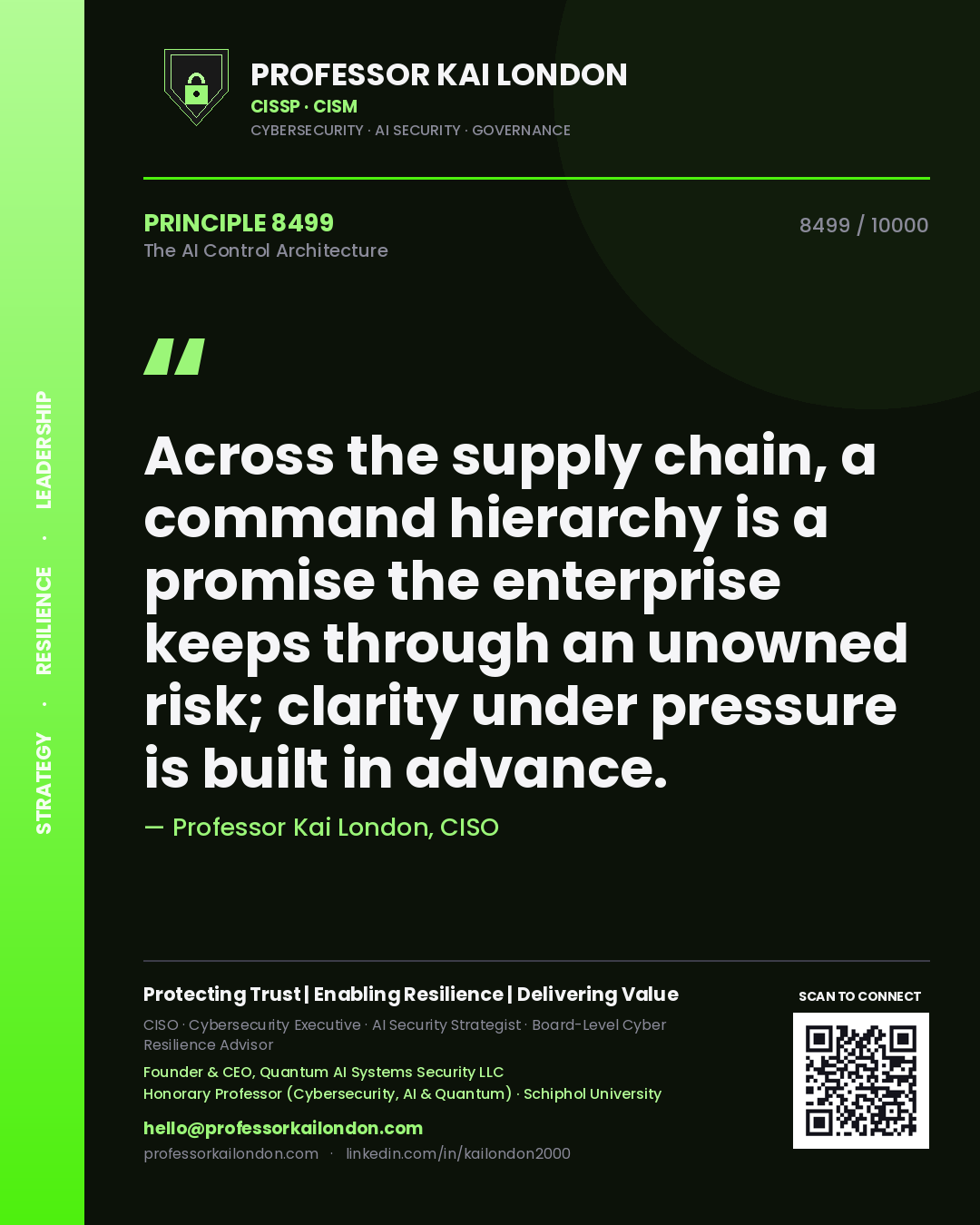 Quote card by Professor Kai London reading 'Across the supply chain, a command hierarchy is a promise the enterprise keeps through an unowned risk; clarity under pressure is built in advance.'. From the book The AI Control Architecture.