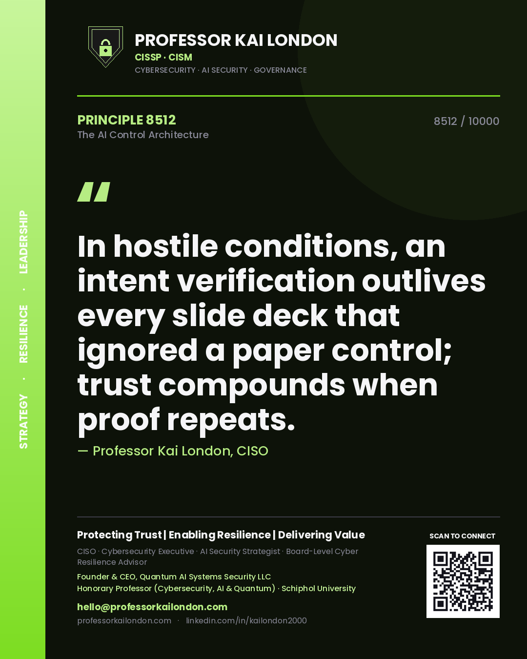Quote card by Professor Kai London reading 'In hostile conditions, an intent verification outlives every slide deck that ignored a paper control; trust compounds when proof repeats.'. From the book The AI Control Architecture.