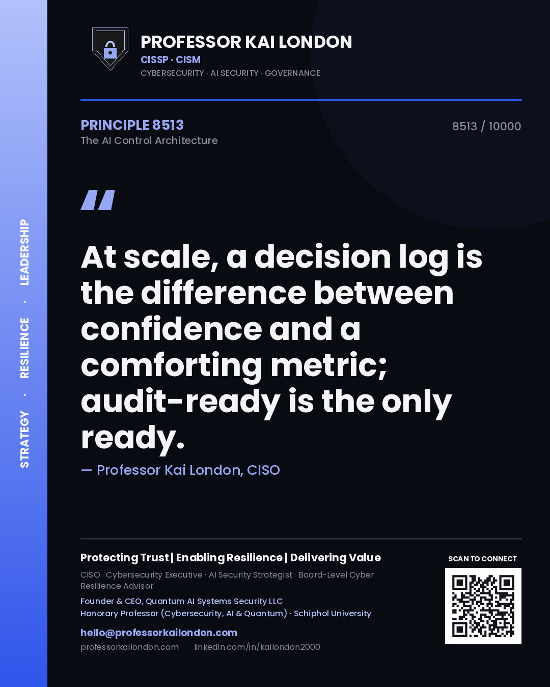 Quote card by Professor Kai London reading 'At scale, a decision log is the difference between confidence and a comforting metric; audit-ready is the only ready.'. From the book The AI Control Architecture.