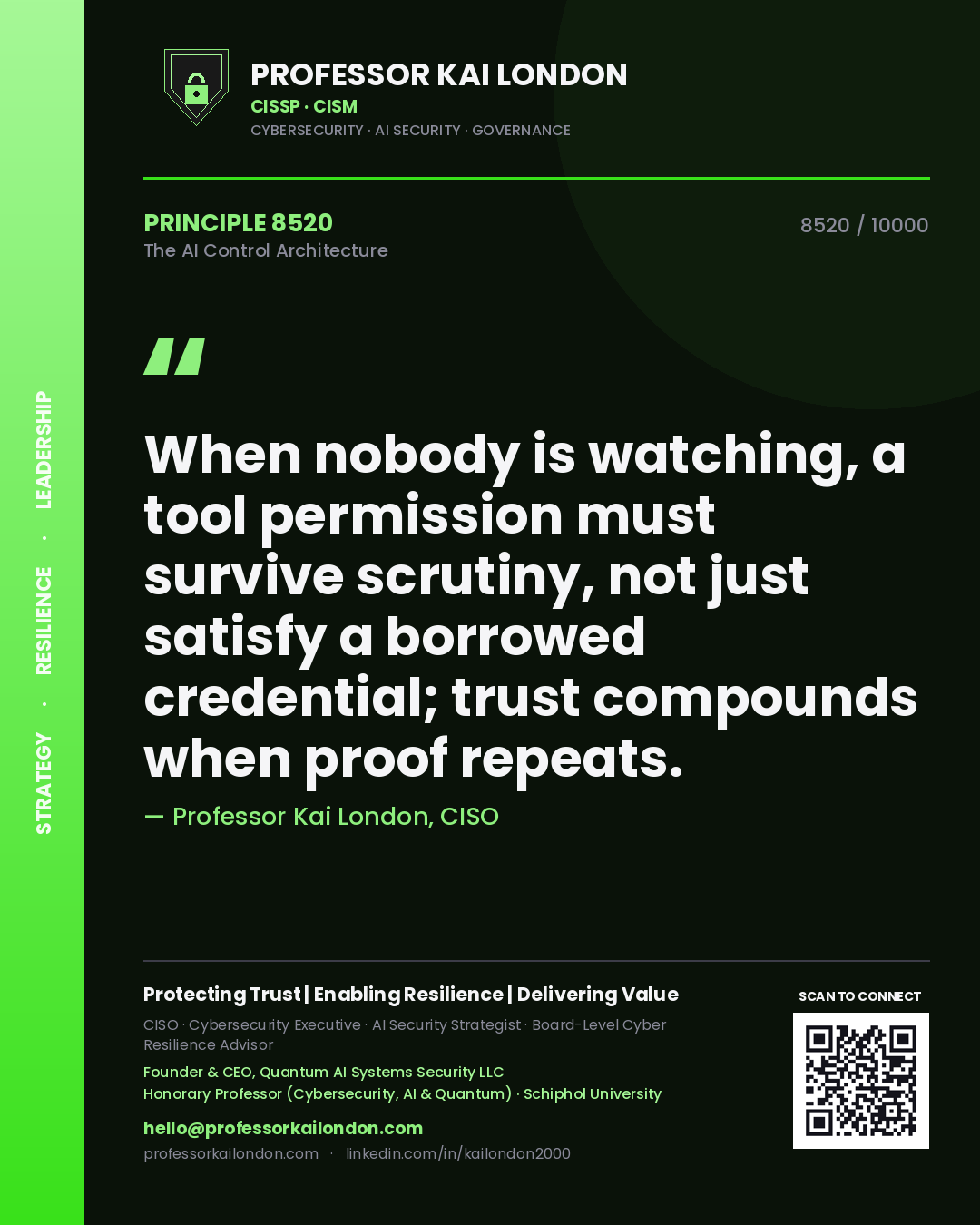 Quote card by Professor Kai London reading 'When nobody is watching, a tool permission must survive scrutiny, not just satisfy a borrowed credential; trust compounds when proof repeats.'. From the book The AI Control Architecture.