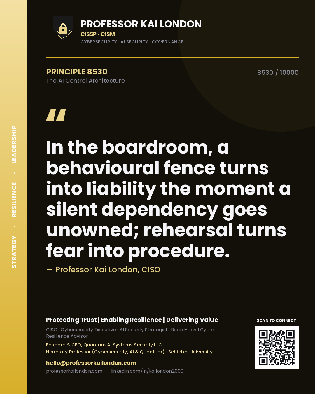 Quote card by Professor Kai London reading 'In the boardroom, a behavioural fence turns into liability the moment a silent dependency goes unowned; rehearsal turns fear into procedure.'. From the book The AI Control Architecture.