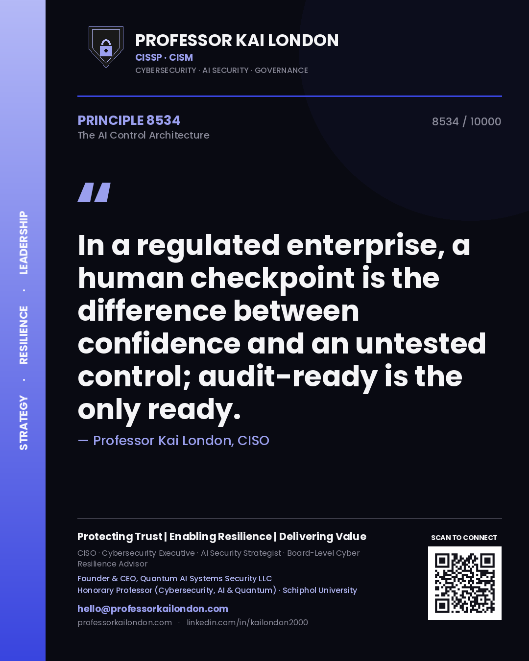 Quote card by Professor Kai London reading 'In a regulated enterprise, a human checkpoint is the difference between confidence and an untested control; audit-ready is the only ready.'. From the book The AI Control Architecture.