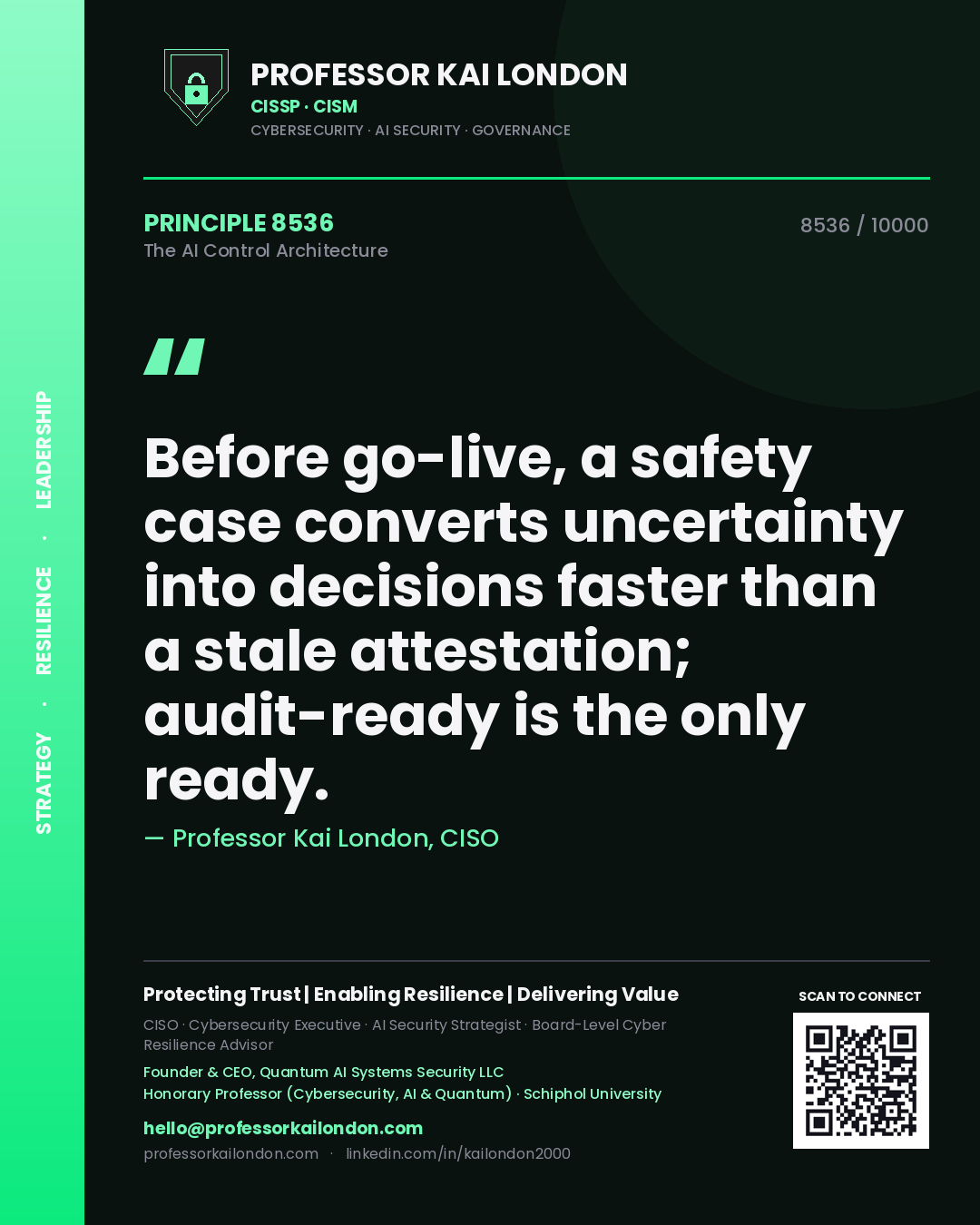 Professor Kai London principle 8536: Before go-live, a safety case converts uncertainty into decisions faster than a stale attestation; audit-ready is the only ready.
