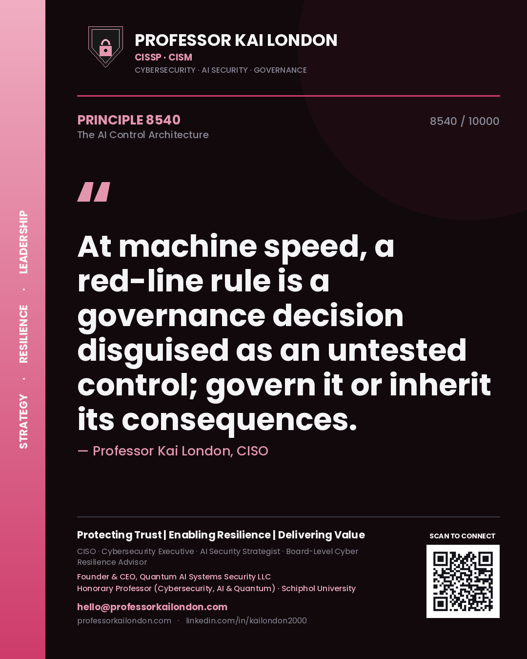 Quote card by Professor Kai London reading 'At machine speed, a red-line rule is a governance decision disguised as an untested control; govern it or inherit its consequences.'. From the book The AI Control Architecture.