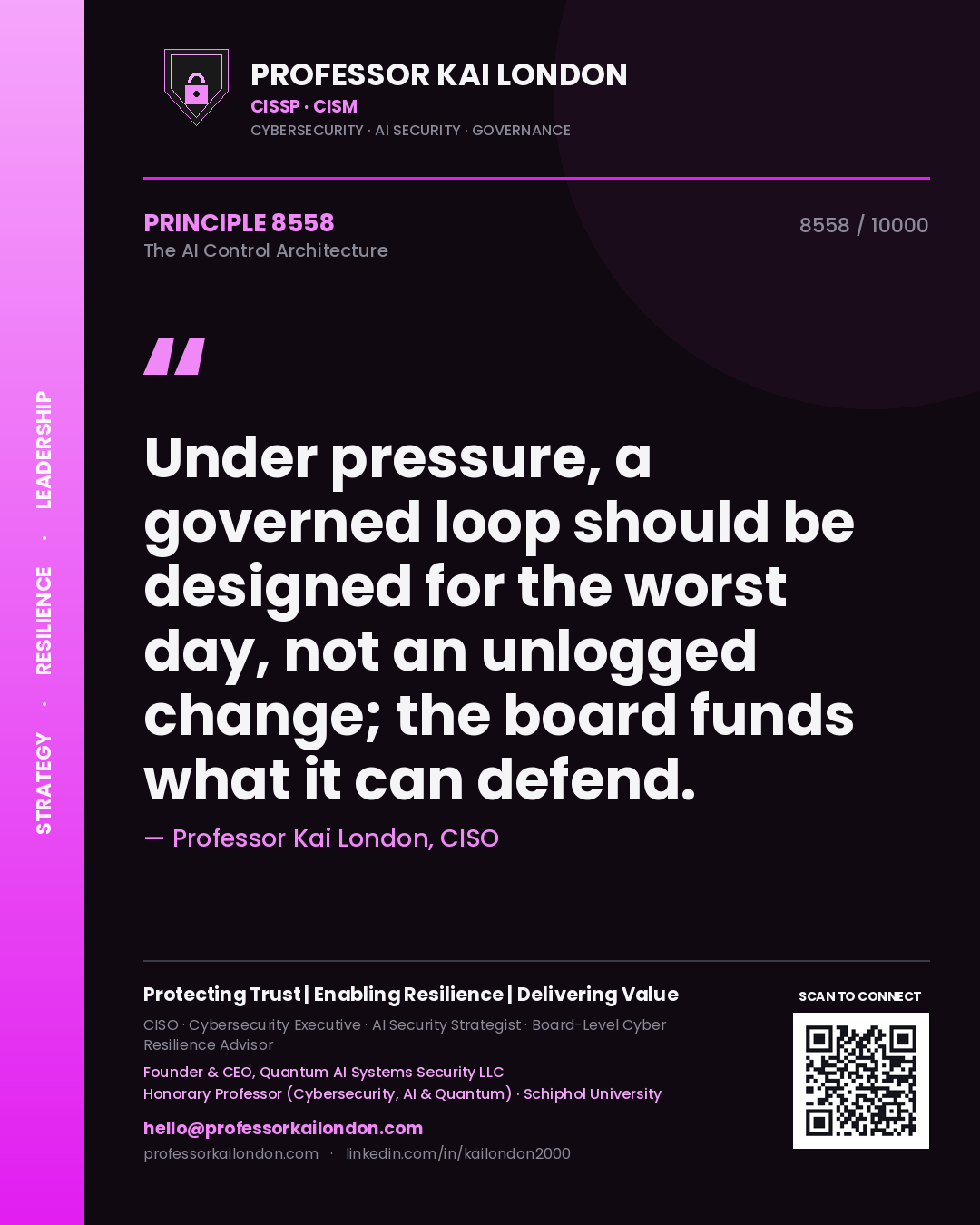 Quote card by Professor Kai London reading 'Under pressure, a governed loop should be designed for the worst day, not an unlogged change; the board funds what it can defend.'. From the book The AI Control Architecture.