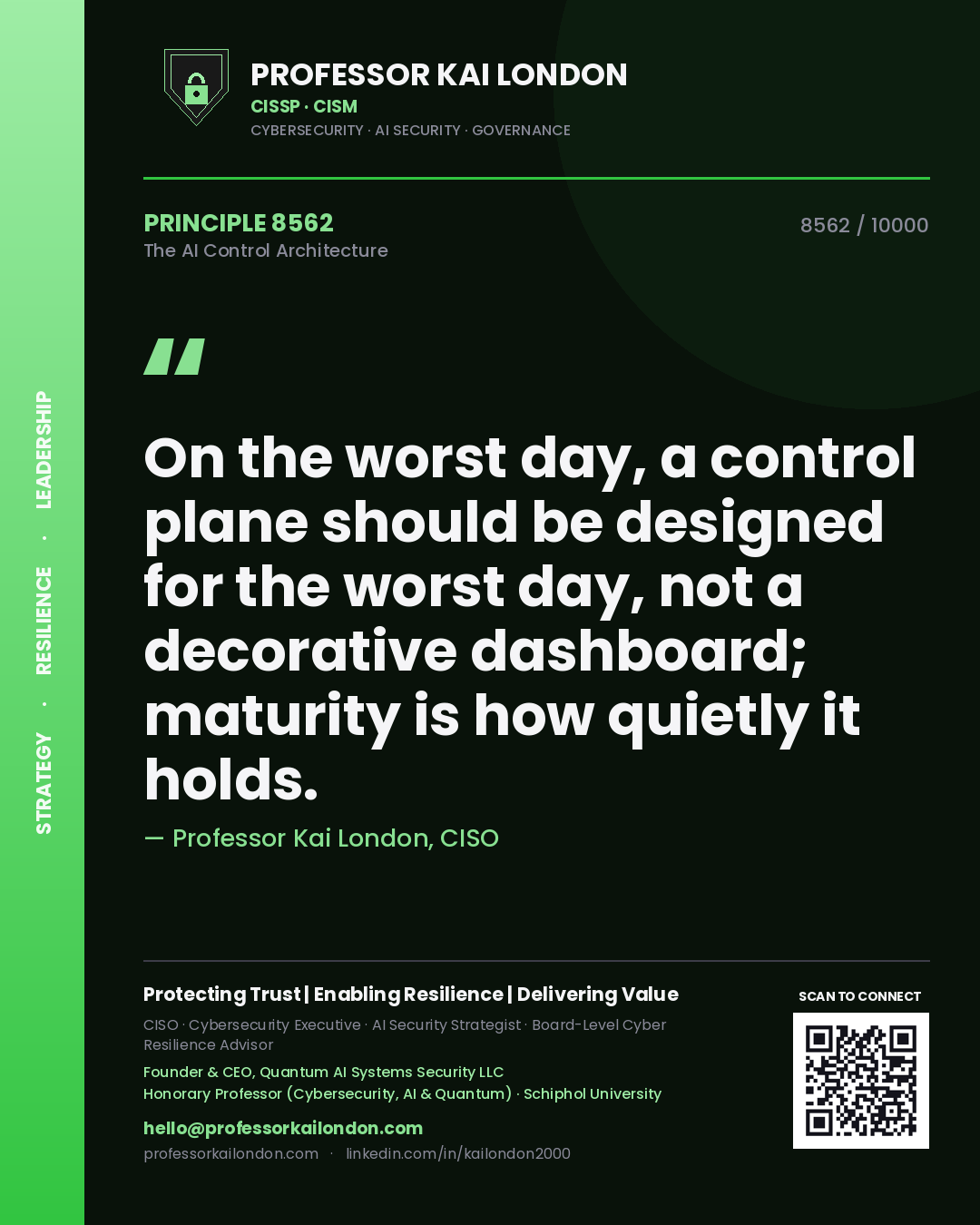 Quote card by Professor Kai London reading 'On the worst day, a control plane should be designed for the worst day, not a decorative dashboard; maturity is how quietly it holds.'. From the book The AI Control Architecture.