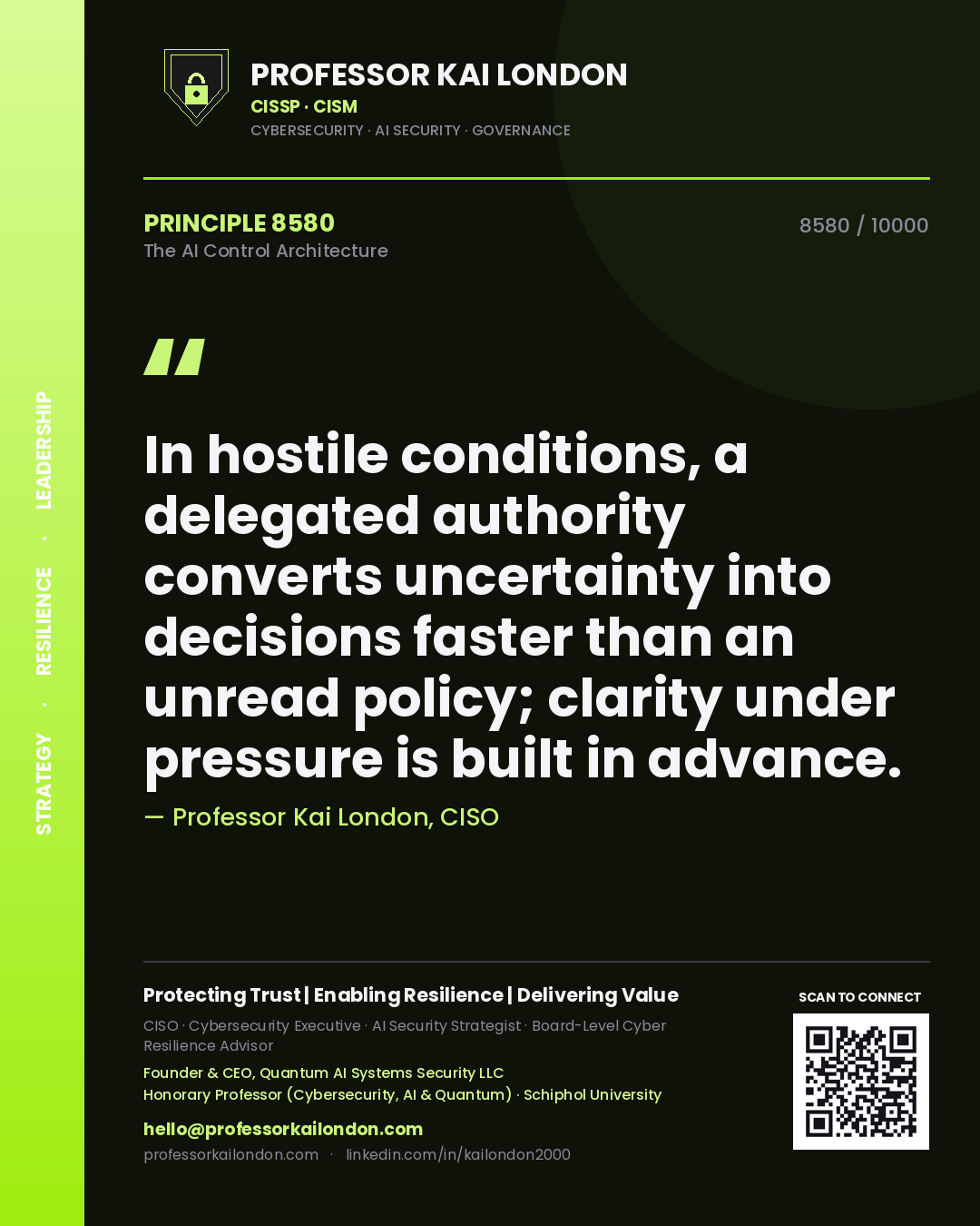 Quote card by Professor Kai London reading 'In hostile conditions, a delegated authority converts uncertainty into decisions faster than an unread policy; clarity under pressure is built in advance.'. From the book The AI Control Architecture.