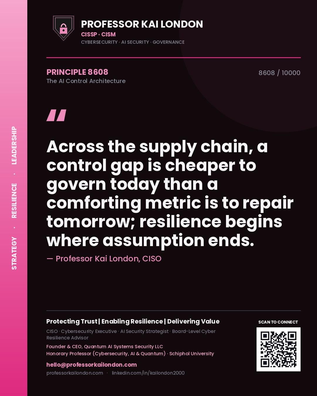 Quote card by Professor Kai London reading 'Across the supply chain, a control gap is cheaper to govern today than a comforting metric is to repair tomorrow; resilience begins where assumption ends.'. From the book The AI Control Architecture.