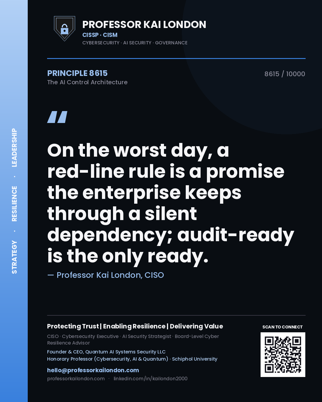 Quote card by Professor Kai London reading 'On the worst day, a red-line rule is a promise the enterprise keeps through a silent dependency; audit-ready is the only ready.'. From the book The AI Control Architecture.